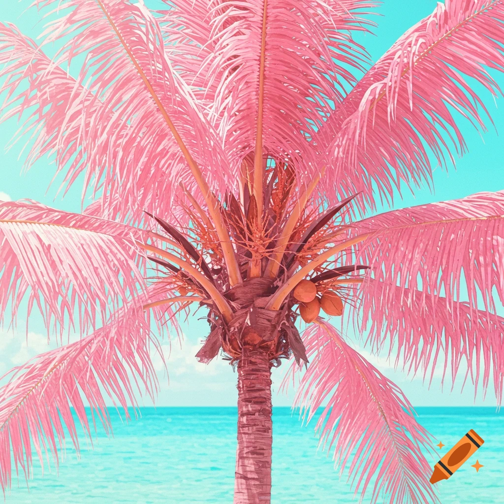 A vibrant illustration of a palm tree with pink leaves and coconuts by the turquoise ocean.