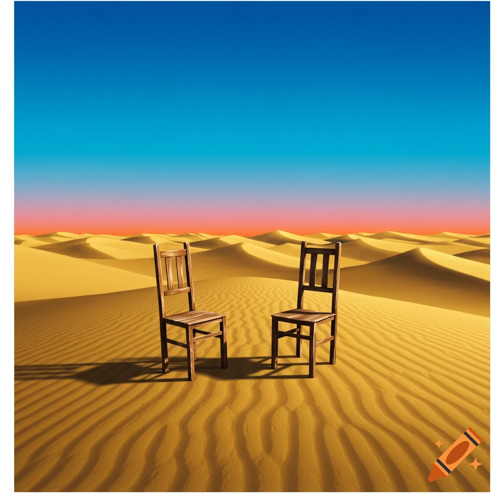 Two wooden chairs sit facing each other in a vast desert landscape under a gradient sky at sunset.