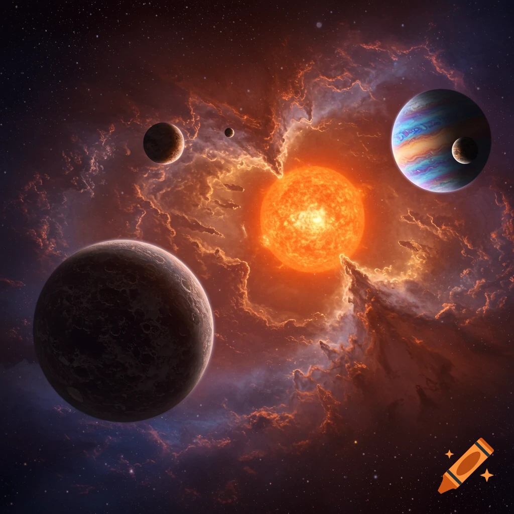 Forming solar system with planets, a sun, and nebula.