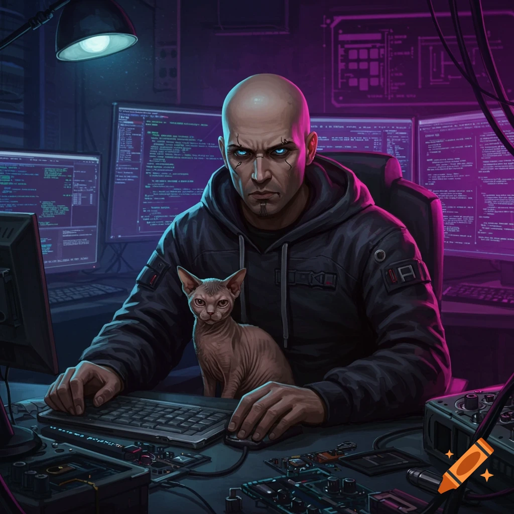 A bald hacker with a sphinx cat sitting at multiple computer monitors.