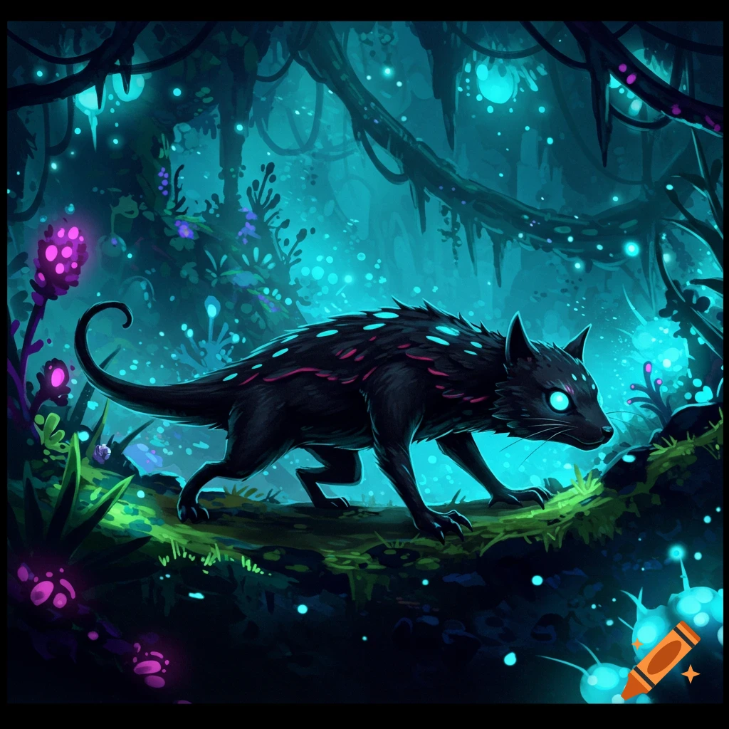 A black creature with glowing eyes and spikes walks in a glowing blue and purple forest.