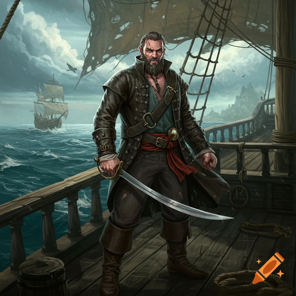 A pirate stands on a ship's deck, holding a sword, with another ship at sea in the background.