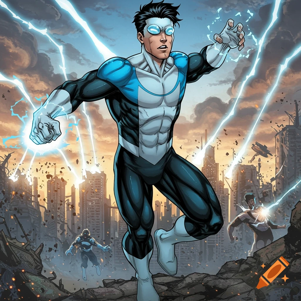 Comic book art of a superhero flying in a destroyed city with electrical power.