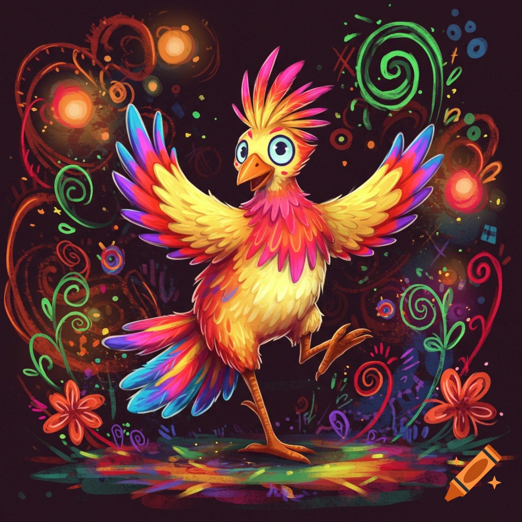 A vibrant cartoon bird with outstretched wings stands among colorful, abstract swirls and glowing lights on a dark background.
