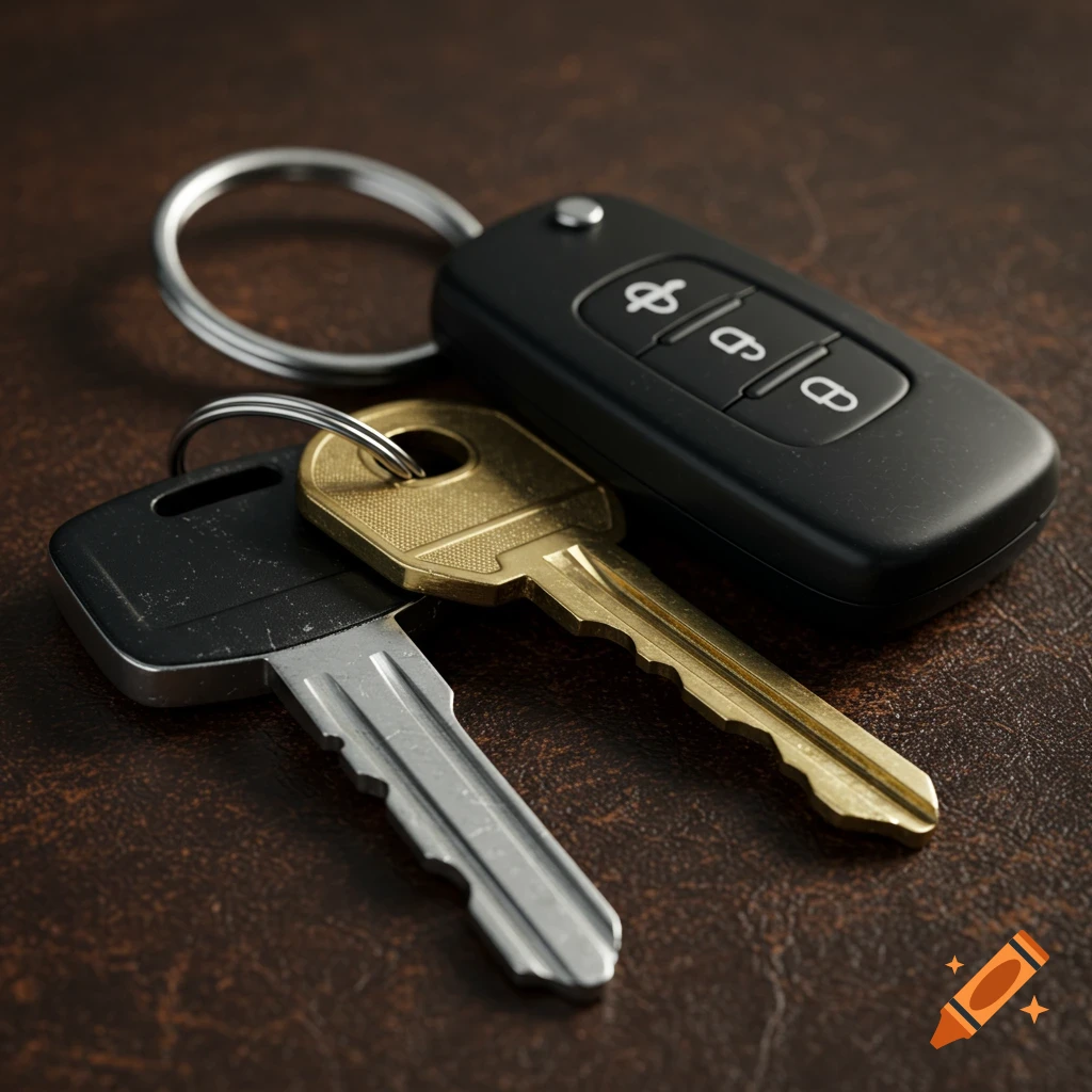 Close-up of car keys and a car remote on a dark surface.