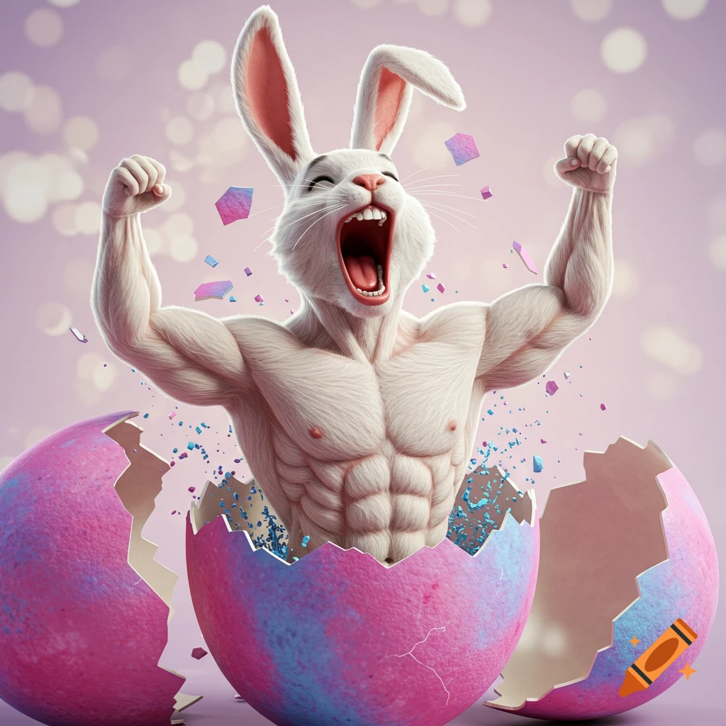 Muscular anthropomorphic Easter bunny bursting from an egg and flexing.