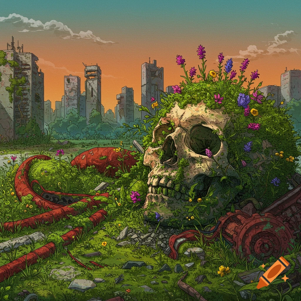 A detailed illustration of a human skull overgrown with plants and flowers in a ruined city landscape.