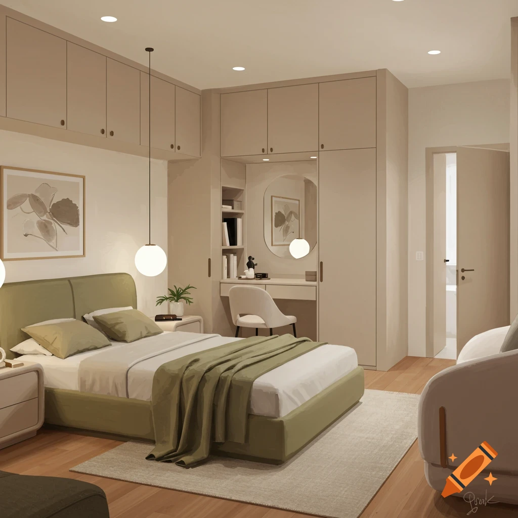 A modern minimalist bedroom with green and beige tones.