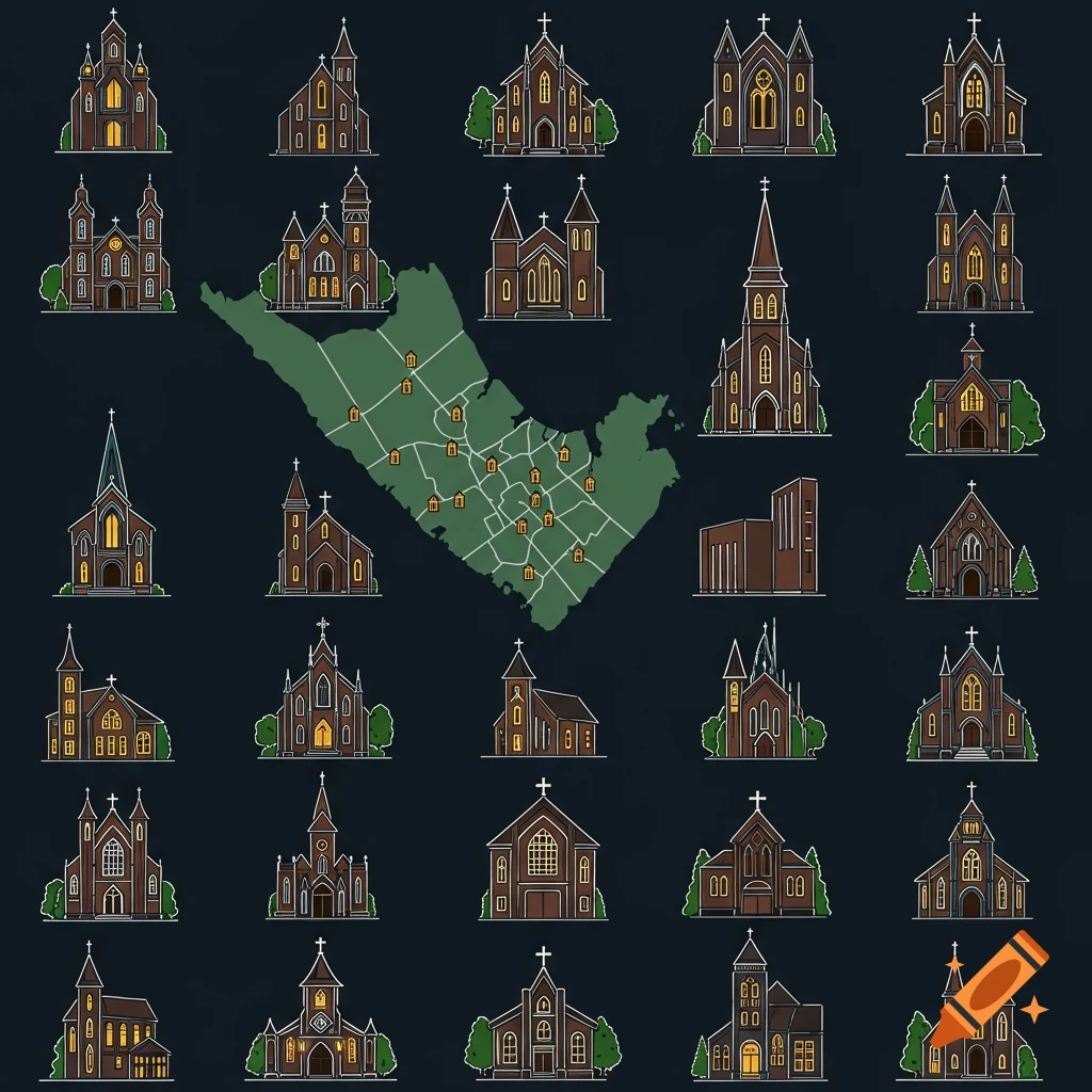 Stylized icons of churches arranged around a map shape on a dark background.