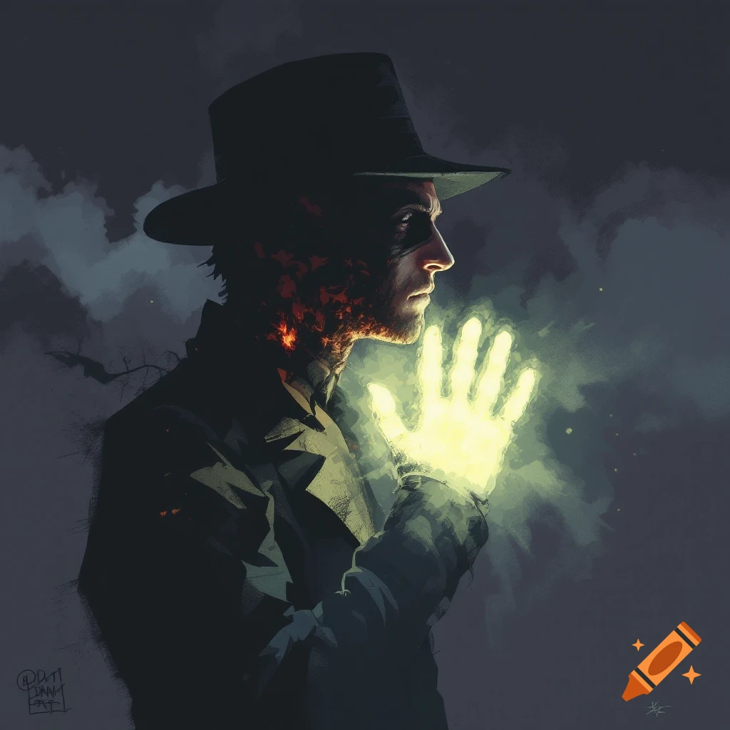 A man in a hat with a glowing hand in a dark setting.