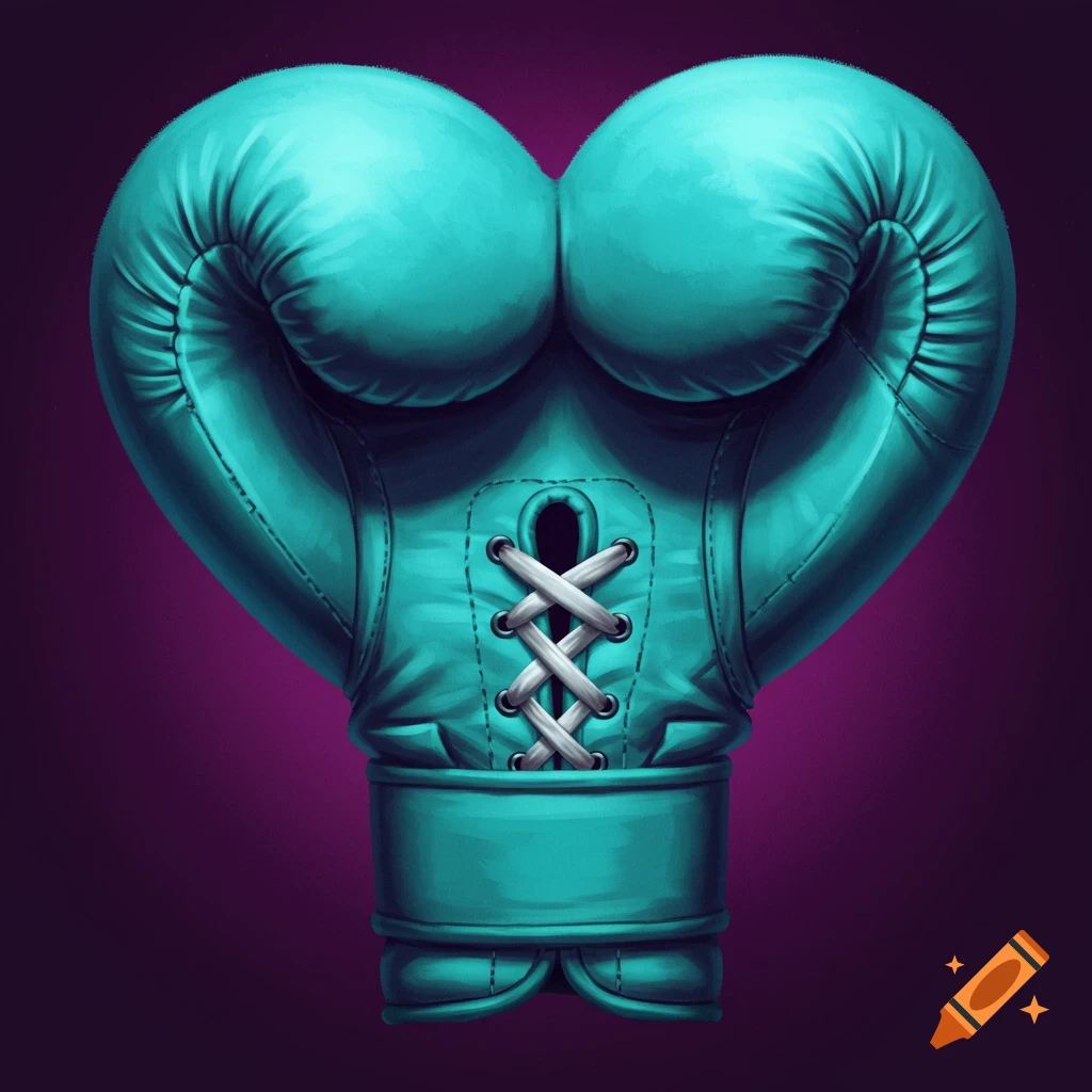 A heart-shaped teal boxing glove with laces against a purple background.