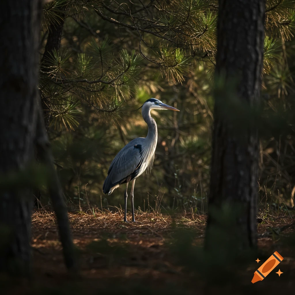 A great blue heron stands in a sunlit clearing in a pine forest.