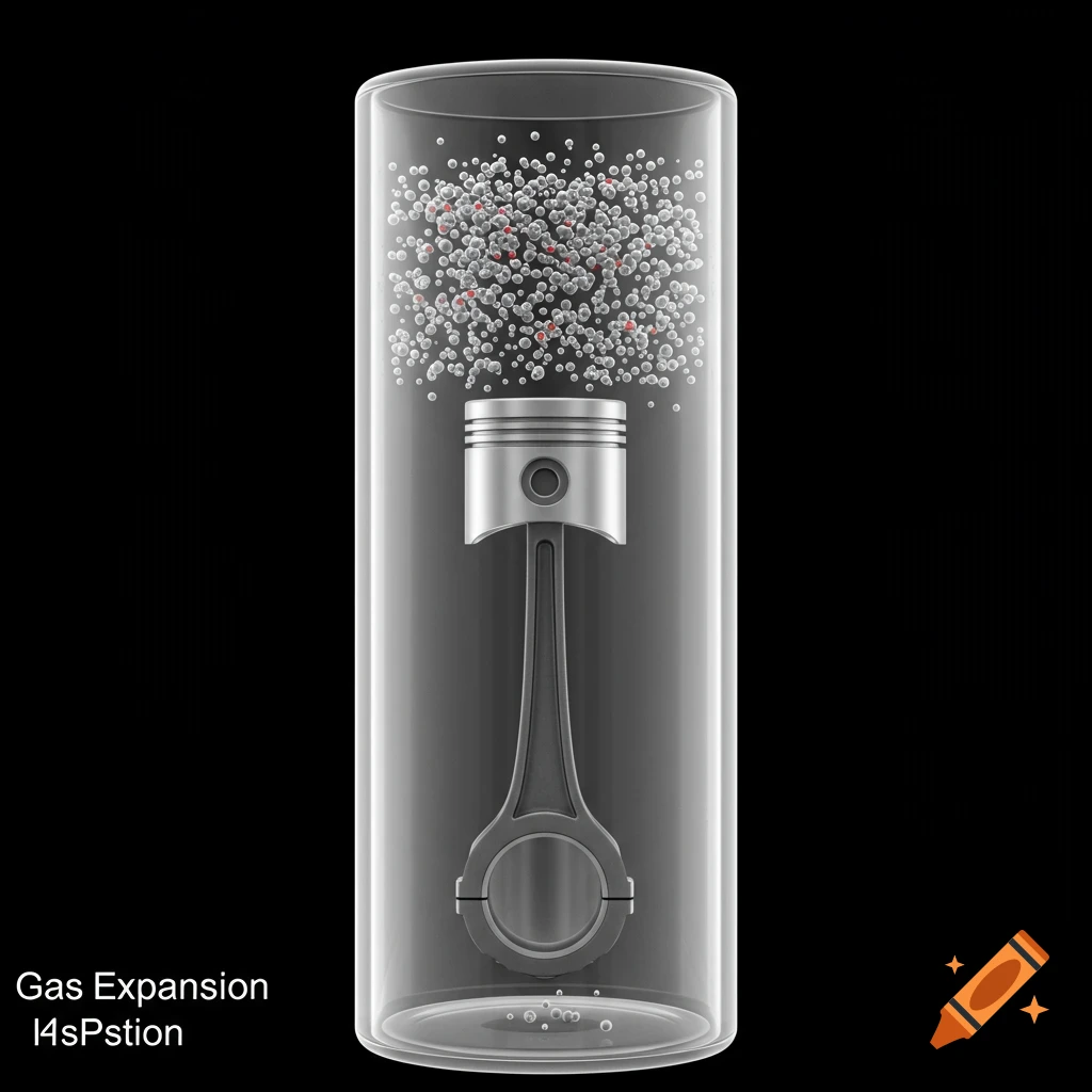 Illustration of gas particles expanding above a piston in a cylinder