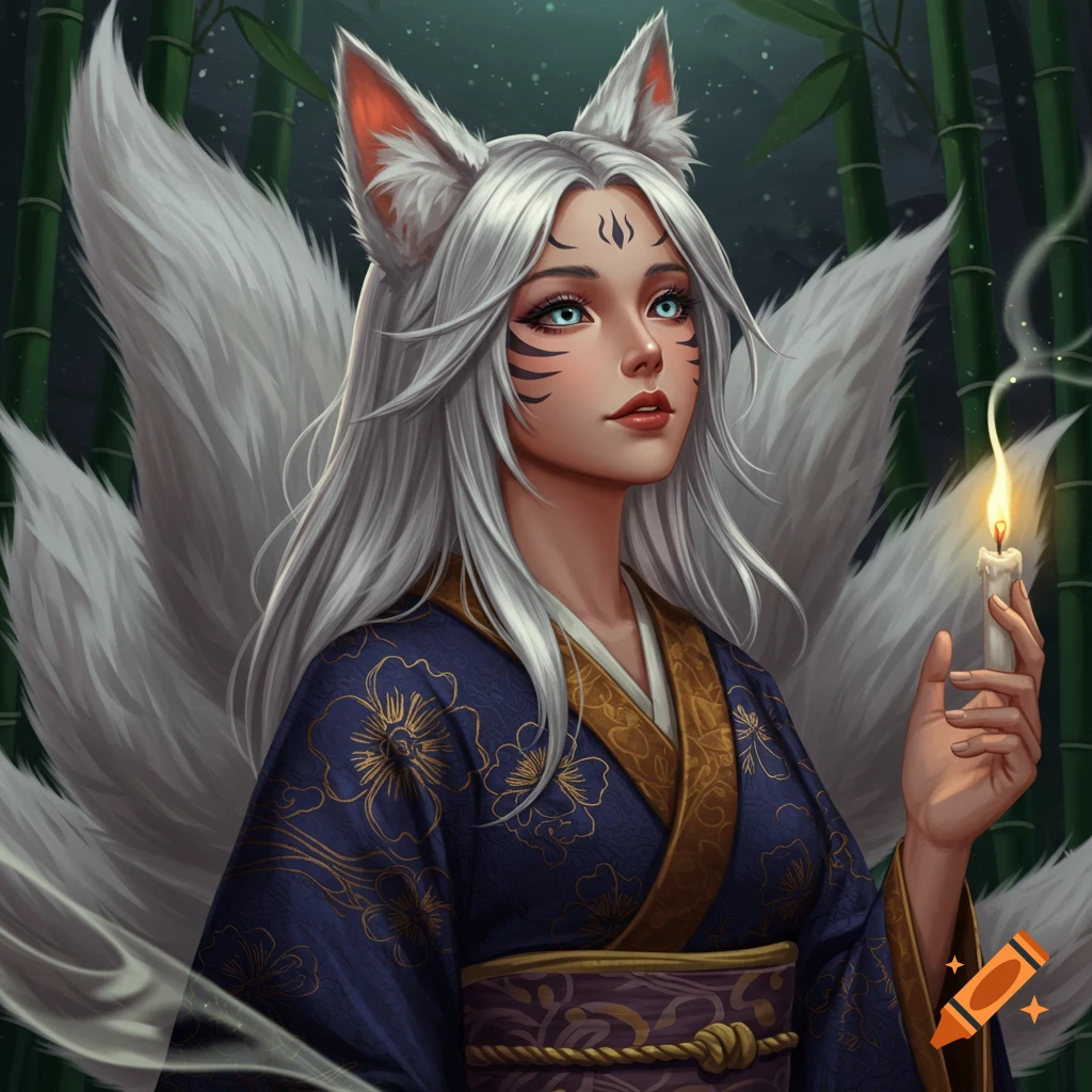 A silver-haired kitsune girl in a blue kimono holds a candle in a bamboo forest.
