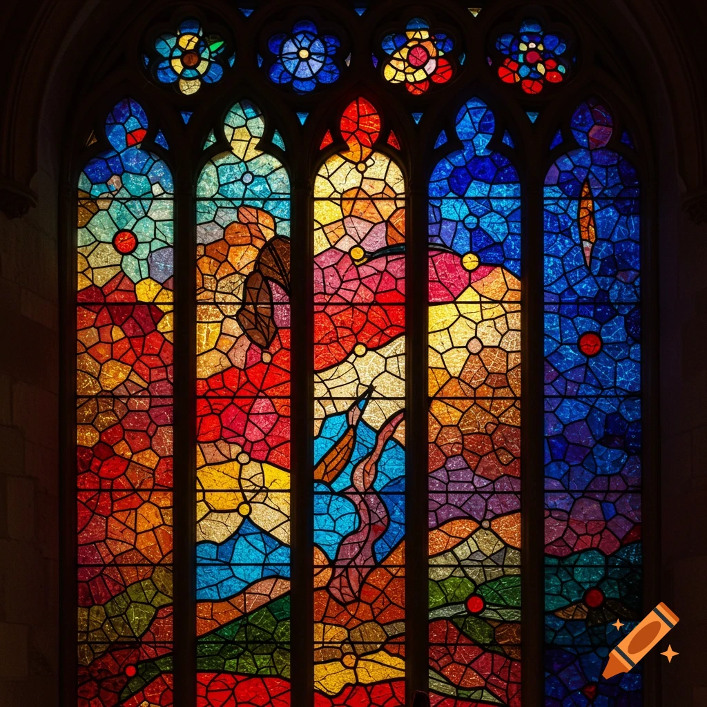 Colorful stained glass window with abstract patterns