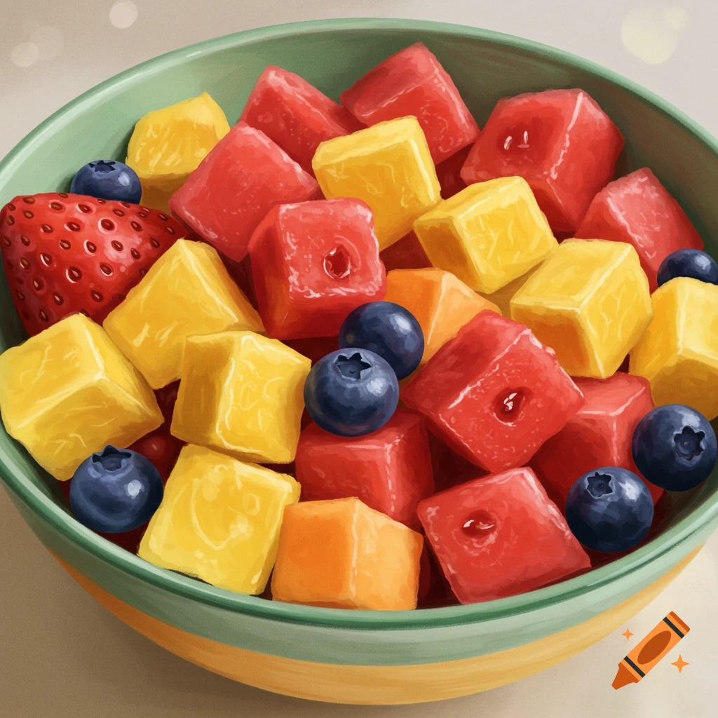 A bowl of cubed watermelon, pineapple, and cantaloupe with whole strawberries and blueberries.