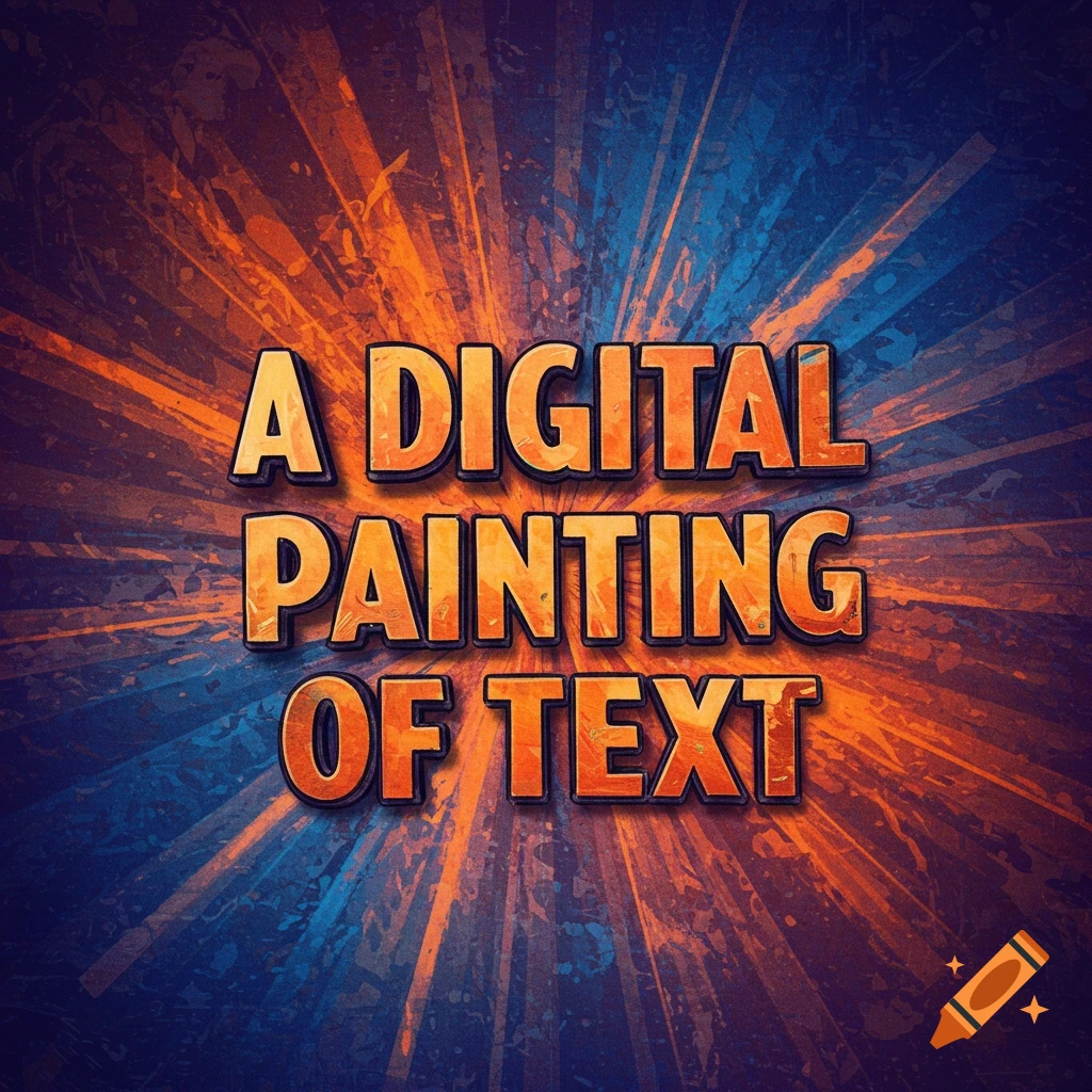 Text "A DIGITAL PAINTING OF TEXT" on an abstract orange and blue background.