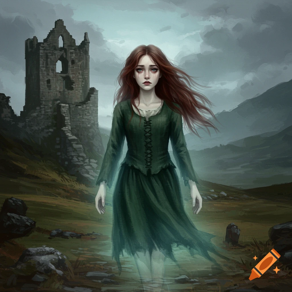 A ghost girl with red hair in a green dress stands before a ruined castle in a gloomy landscape