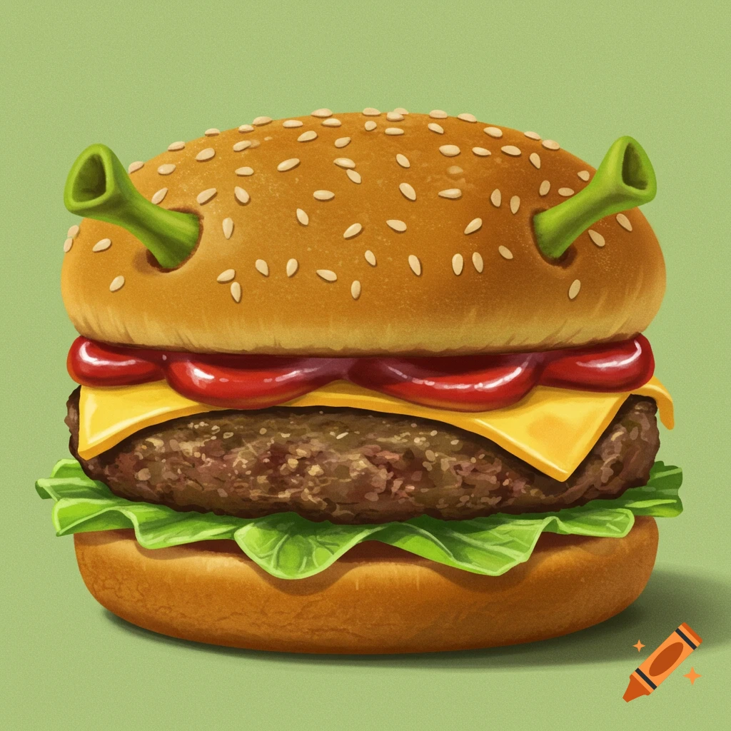 A hamburger with green Shrek ears.