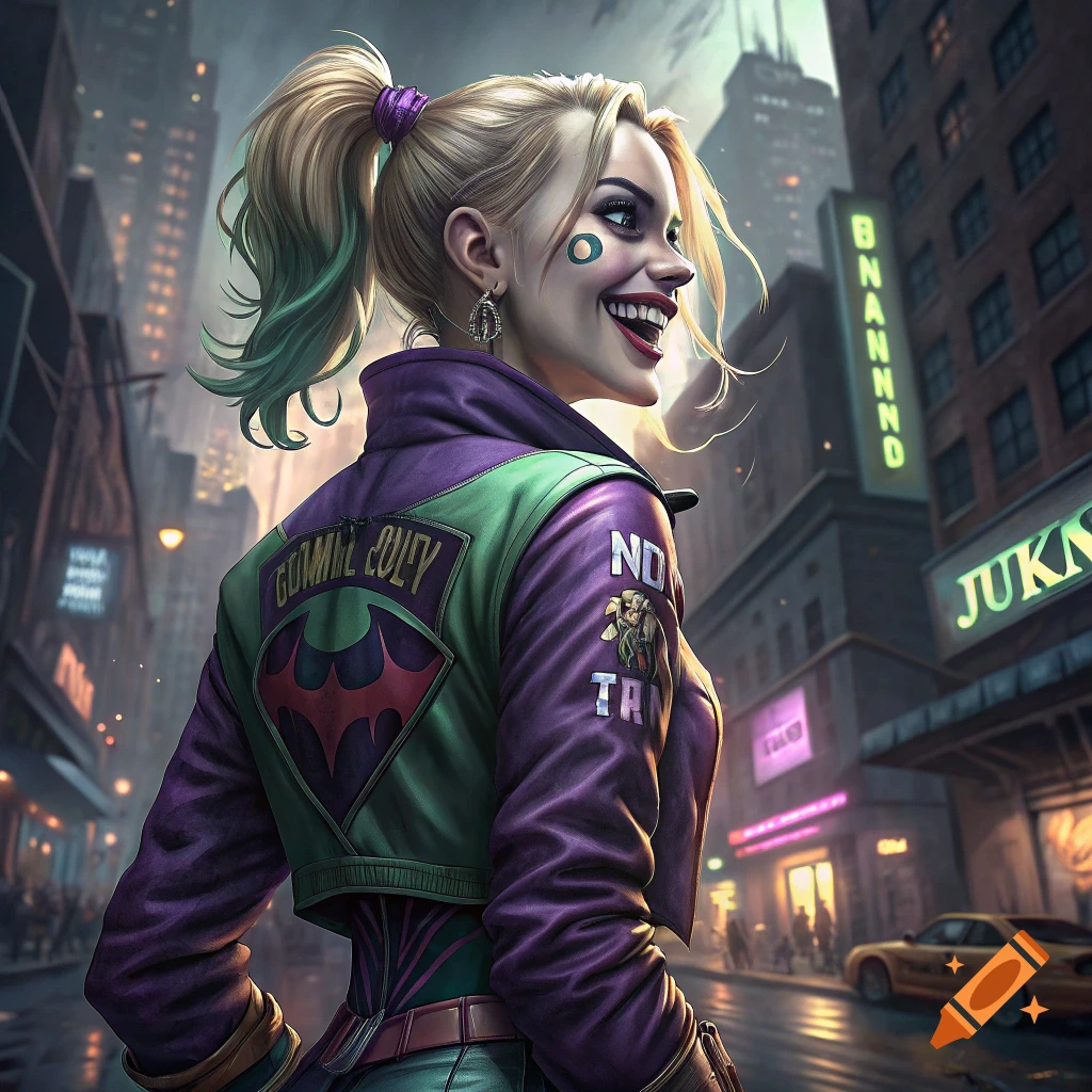 Illustration of Harley Quinn in a jacket standing on a city street.
