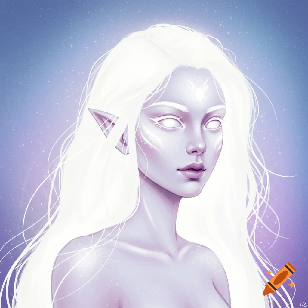 An ethereal white-skinned woman with white glowing eyes, long white hair, and pointed ears, portrait.