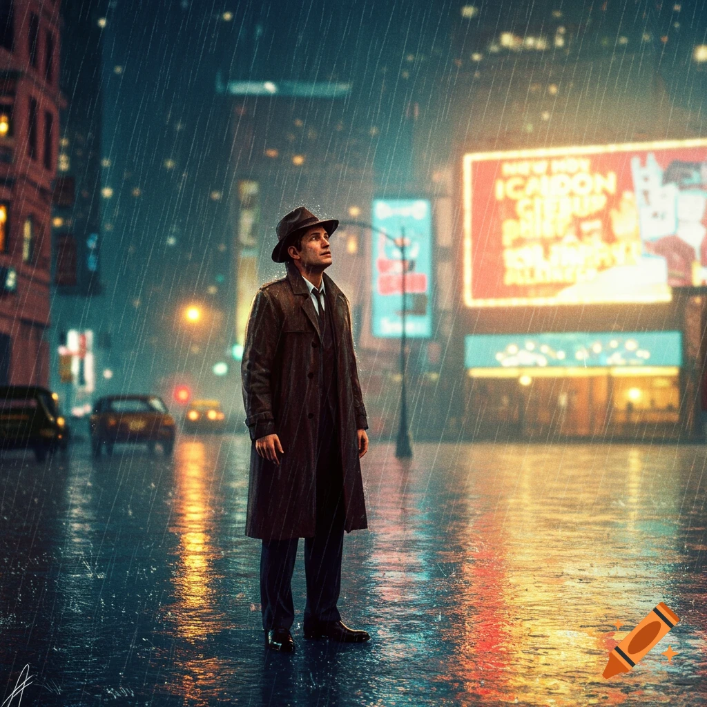 Man in trench coat and hat stands in the rain on a city street looking at a billboard.