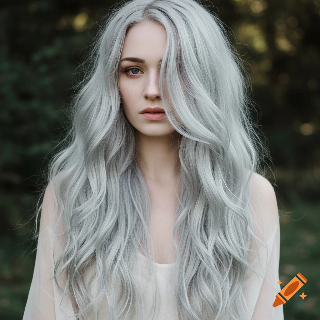 Photorealistic portrait of a young woman with long silver-grey hair