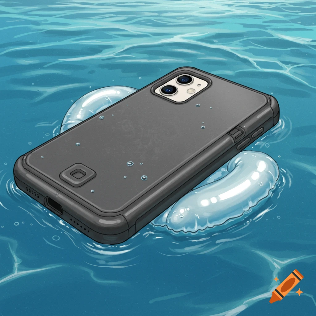 A black phone case floating in blue water with an inflatable ring.