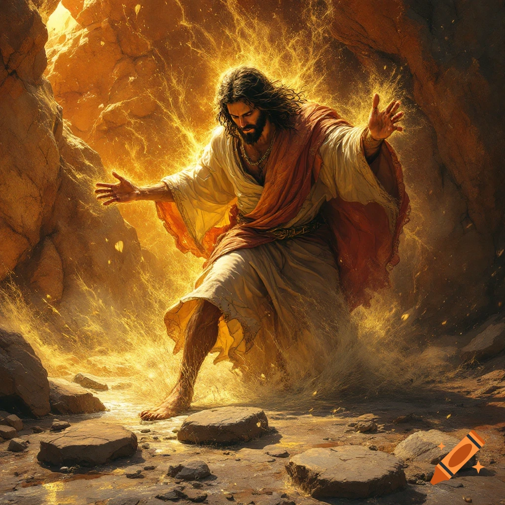 A figure with arms outstretched, surrounded by glowing energy in a rocky cave.