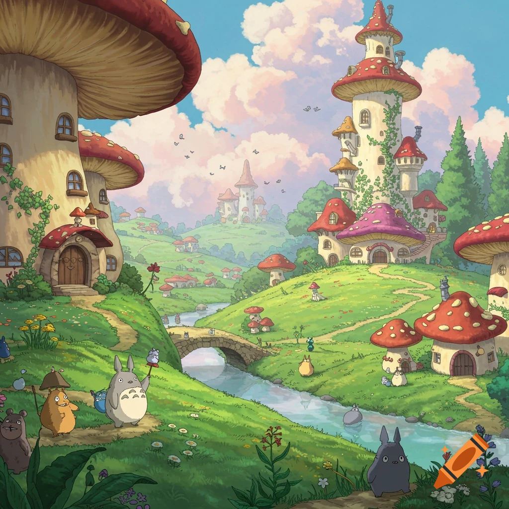 A fantasy landscape in Studio Ghibli style with mushroom houses, a stream, and characters resembling Totoro.