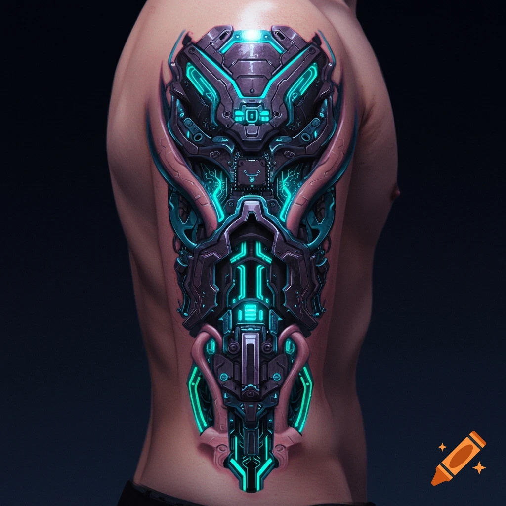 A glowing blue and dark grey cybernetic tattoo on a person's arm.