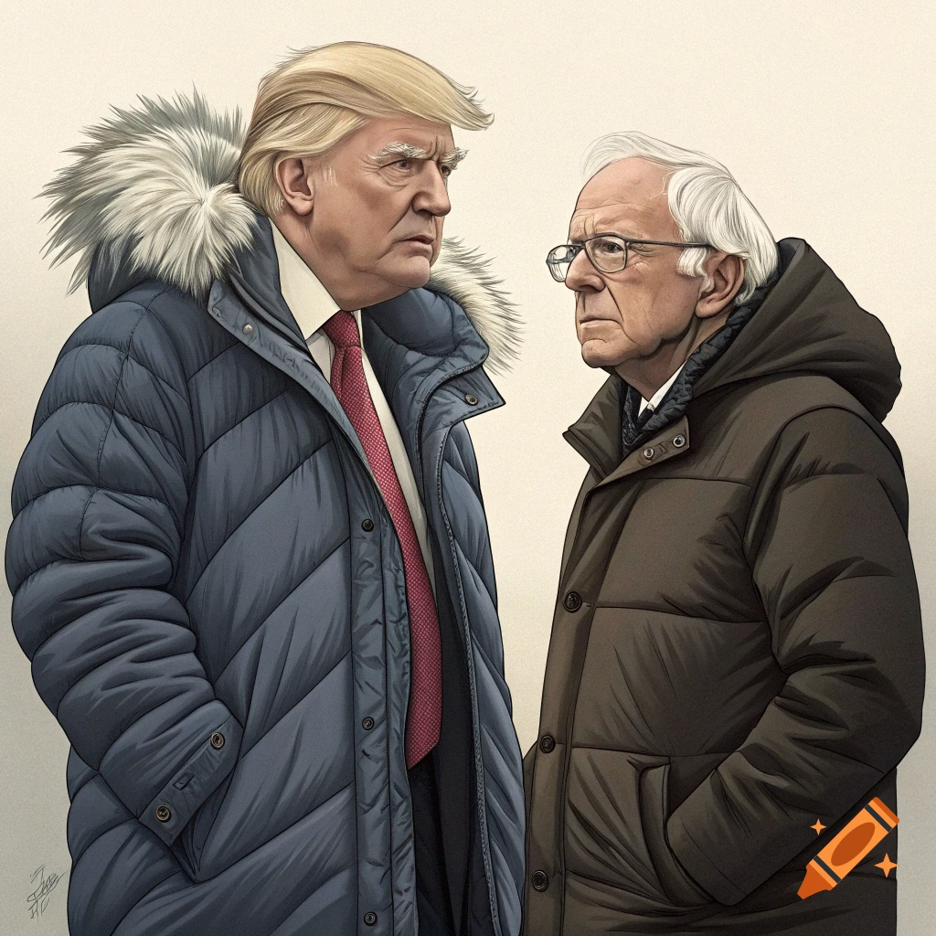 Illustration of Donald Trump and Bernie Sanders wearing winter coats