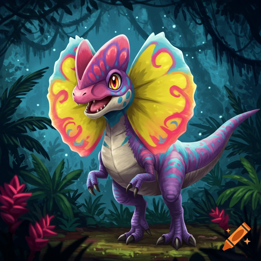 A cartoon dinosaur with a colorful frill stands in a lush jungle.