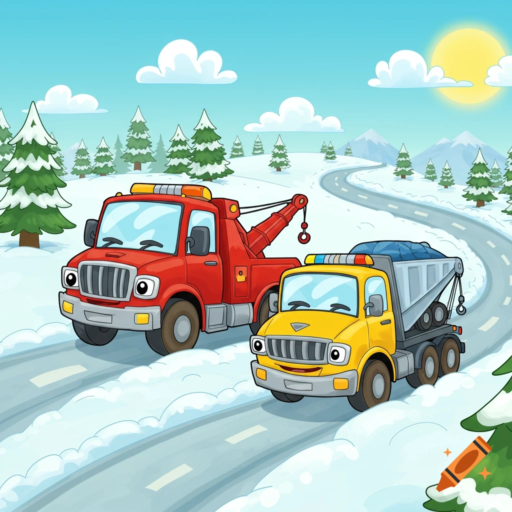 Cartoon red tow truck and yellow dump truck on a snowy winter road.