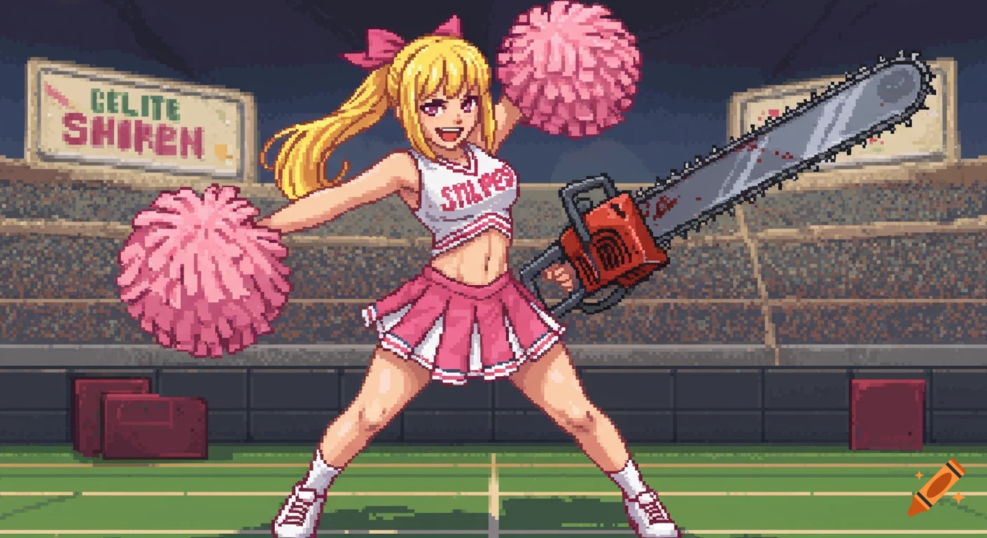 Pixel art of a blonde cheerleader with pom-poms and a bloody chainsaw in a stadium.