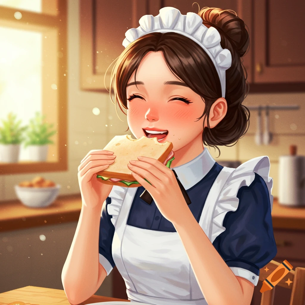 A smiling anime maid eats a sandwich in a sunlit kitchen.