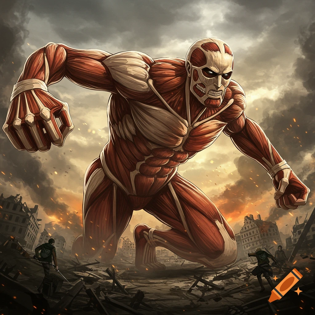 A giant colossal titan kneels in a ruined city with small figures below.