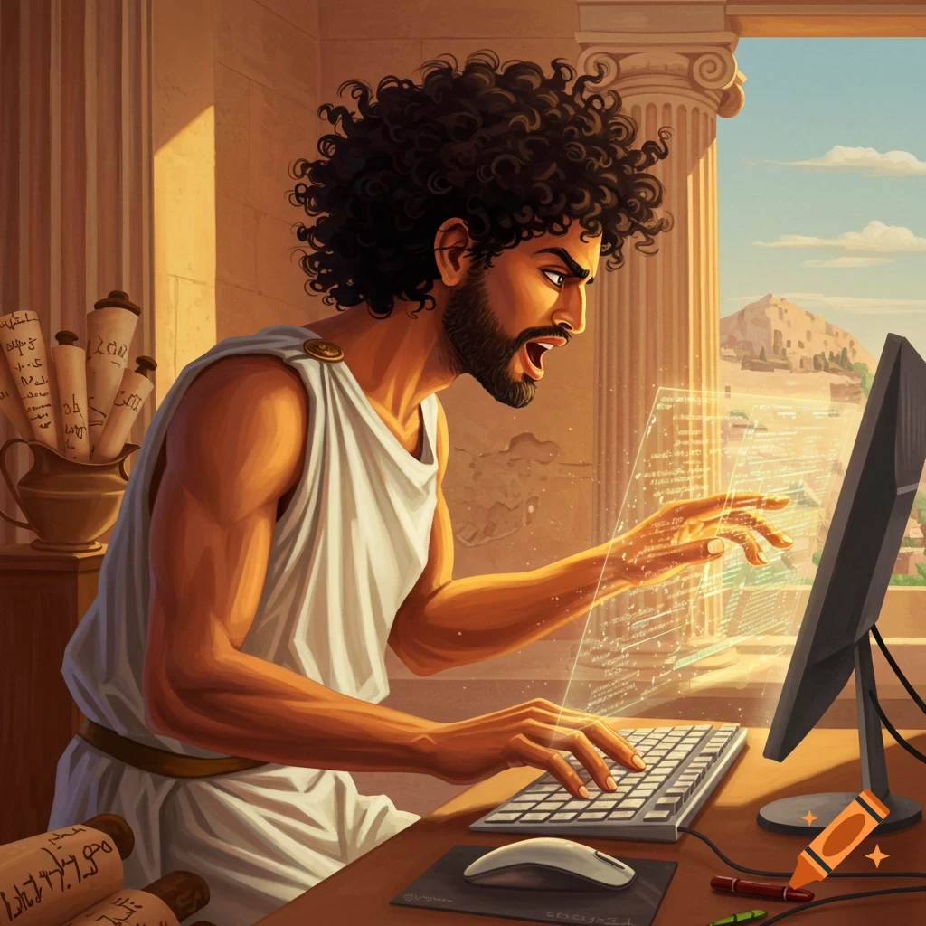 An ancient Greek man coding on a computer, with scrolls nearby and a temple in the background.