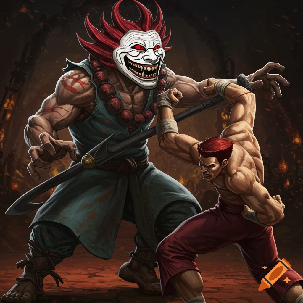 Illustration of a masked figure with red hair and weapon fighting a bare-chested figure in a dark arena.
