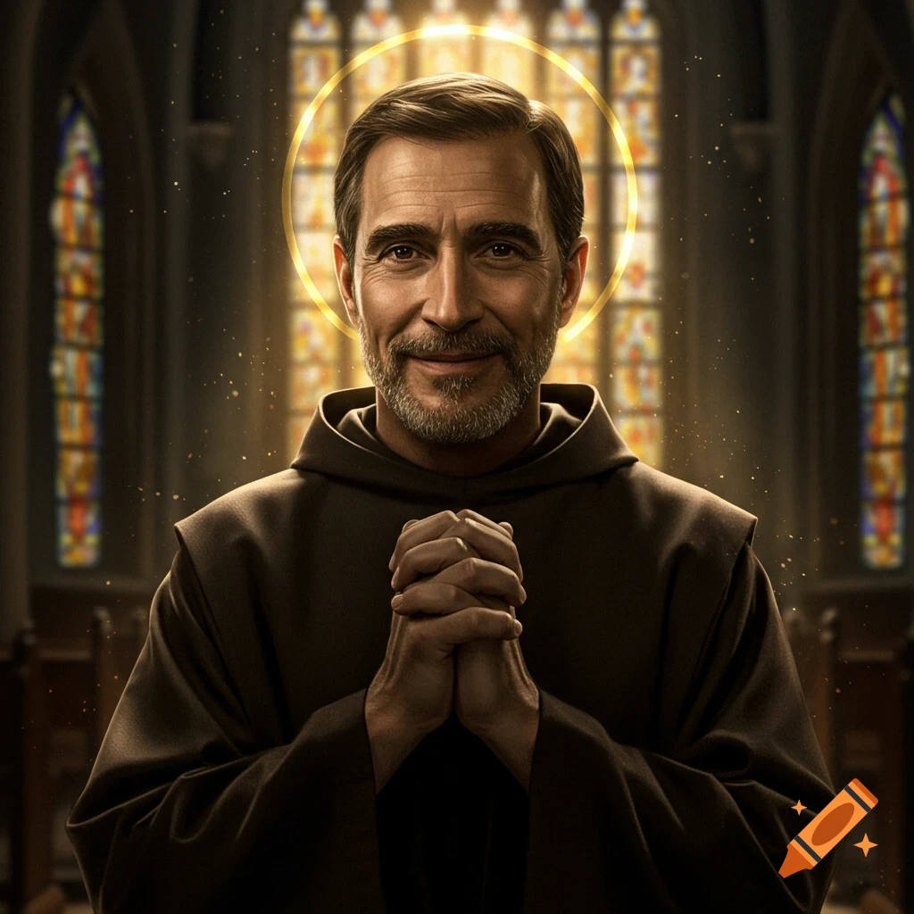 A man in a monk's robe is praying in a church, with a halo around his head.