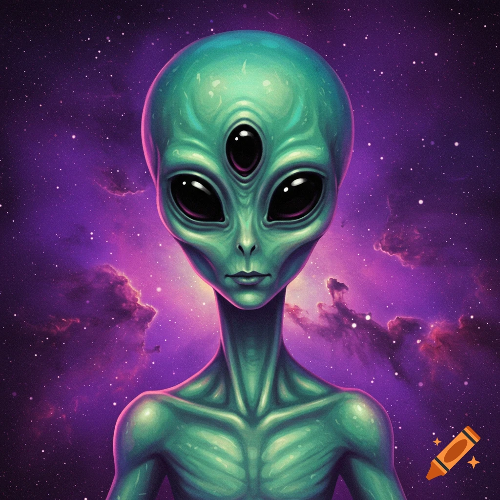 A green alien with three eyes against a purple space nebula.
