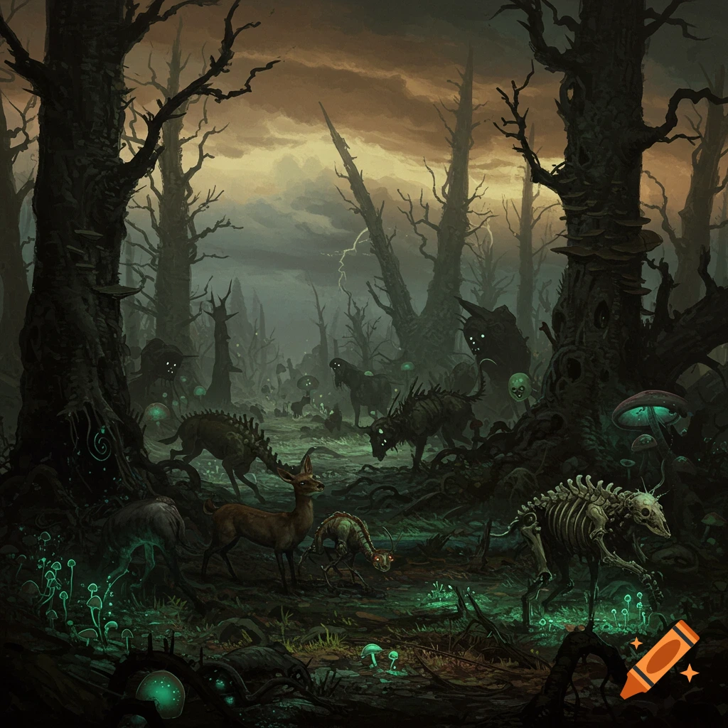 A dark, surreal forest painting with skeletal creatures, a deer, and glowing mushrooms in Beksinski style.
