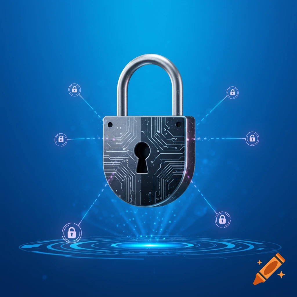 A futuristic digital padlock with circuit patterns surrounded by security icons on a blue background.