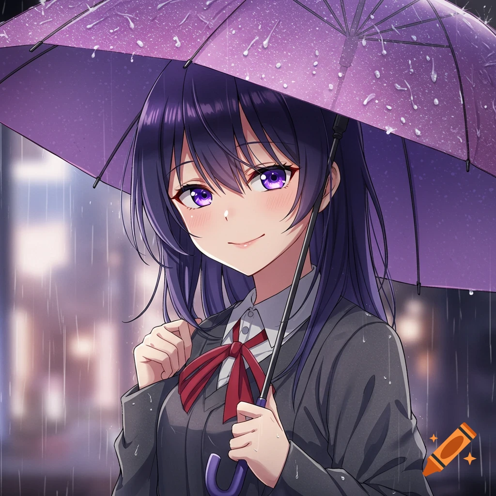 An anime girl with purple eyes holding a purple umbrella in the rain.