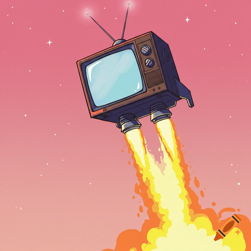 An illustration of a vintage television with rocket engines flying through a pink, starry sky.