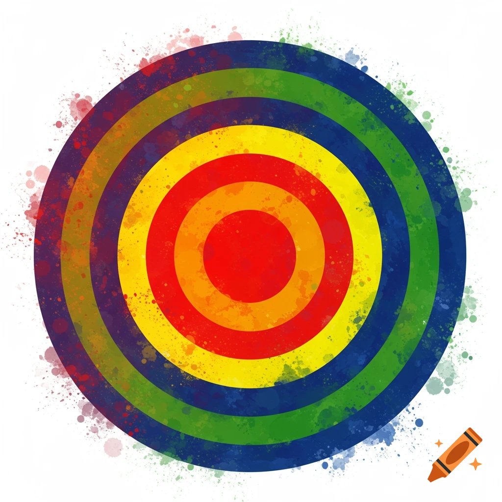 A rainbow-colored bullseye with paint splatters.