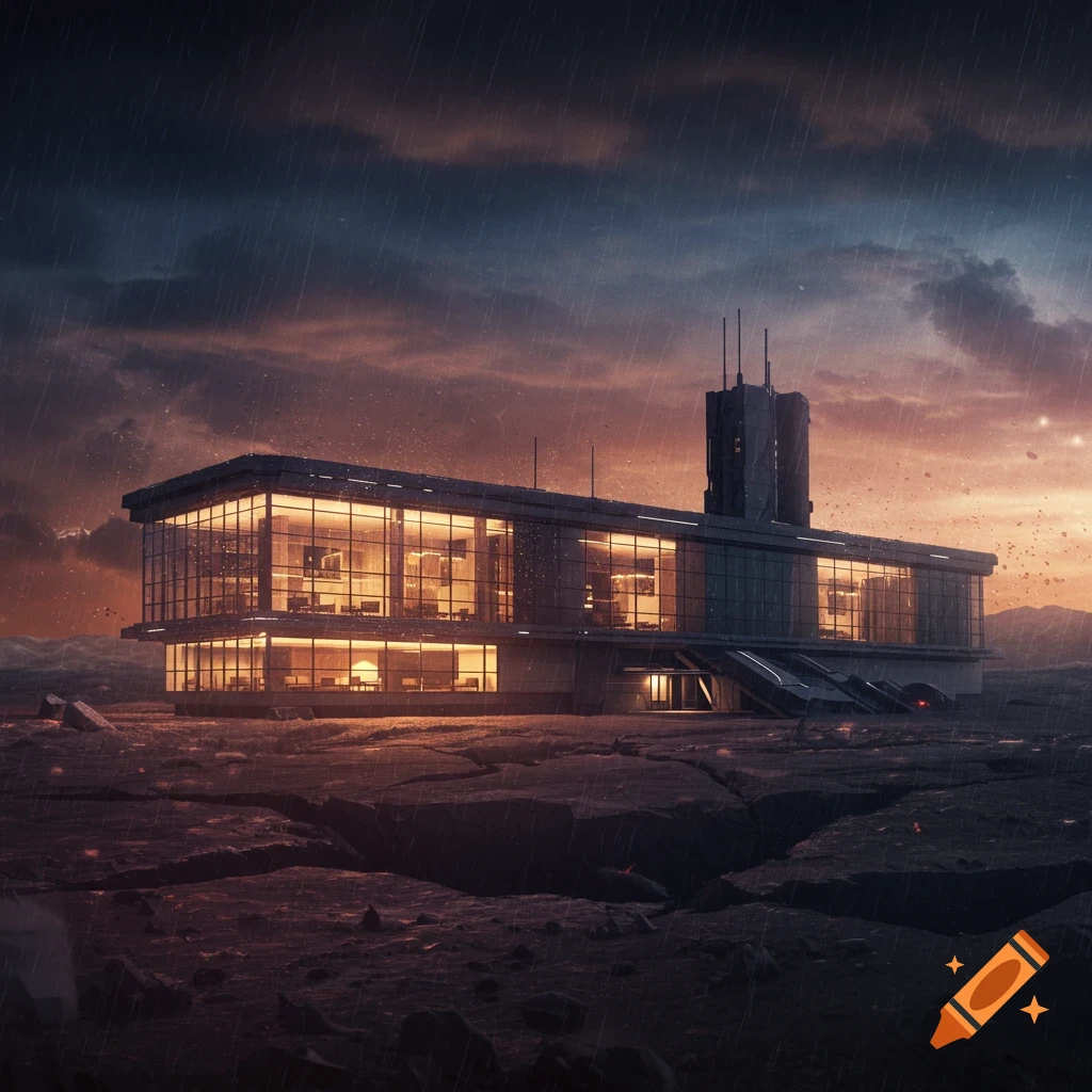 Futuristic building on a cracked landscape under stormy, rain-streaked skies.