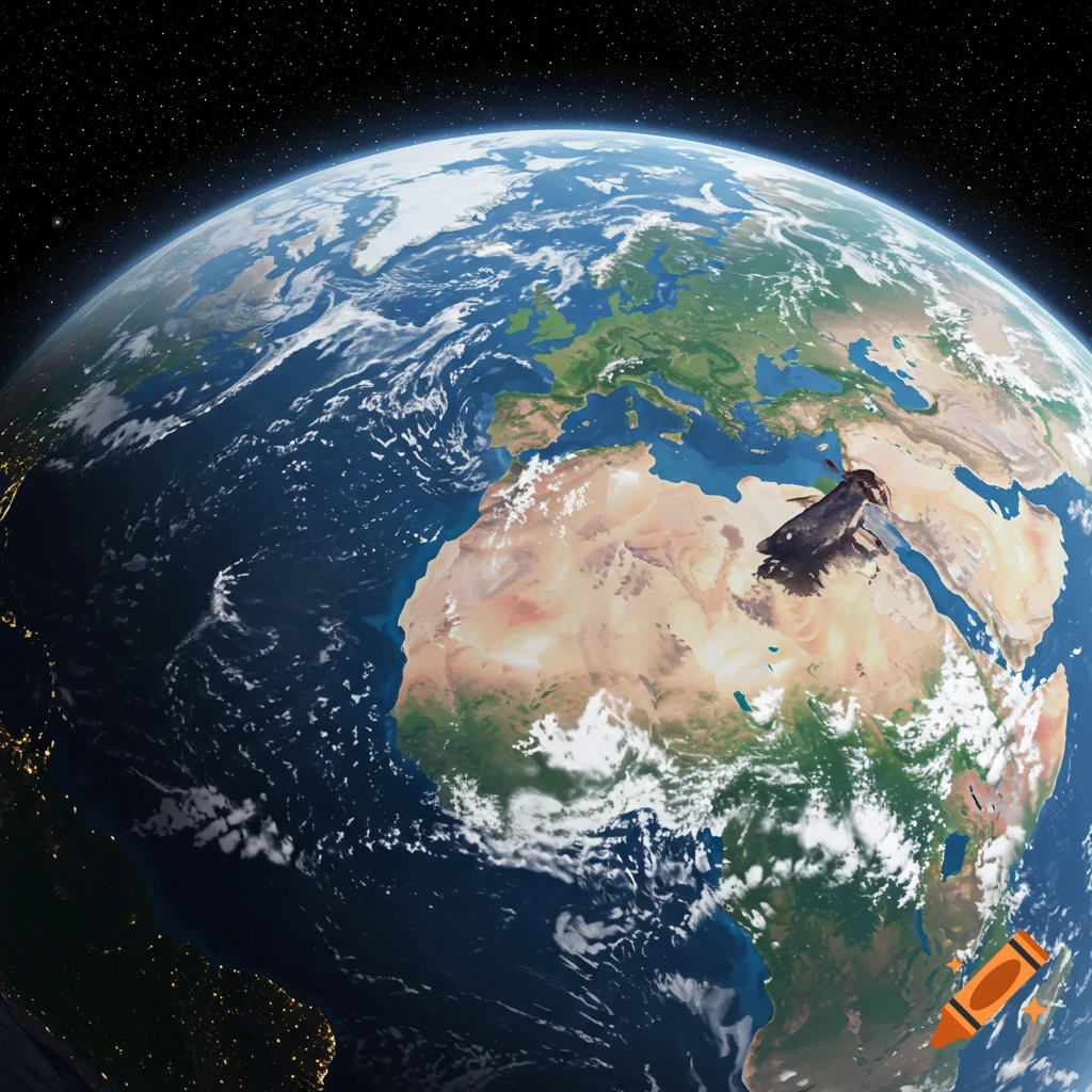 Digital render of Earth from space, showing continents and clouds.