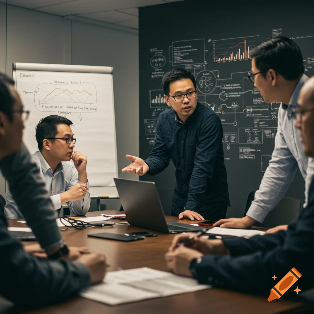 Tech workers brainstorming in a conference room with diagrams.