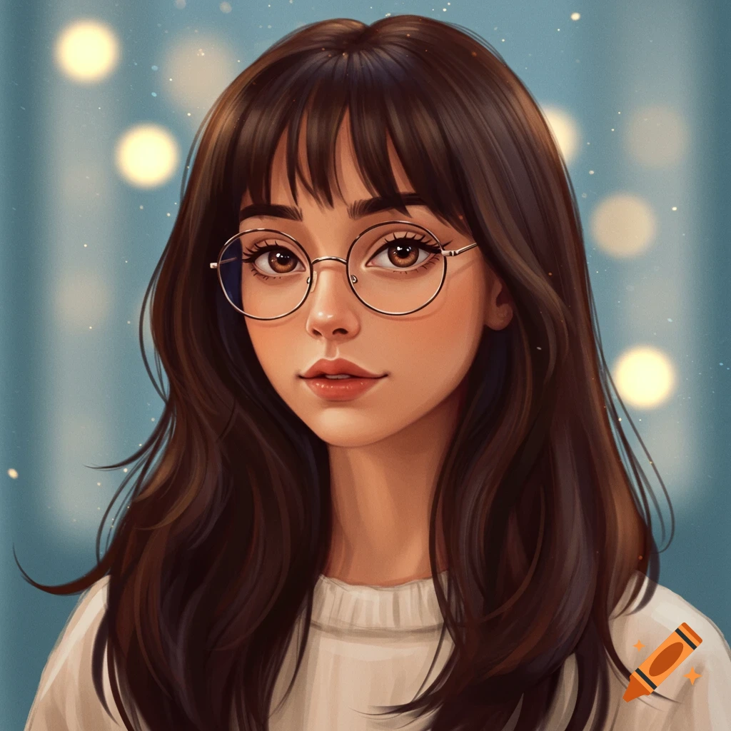 a young woman with long dark hair and round glasses.